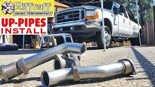 2001 F350 73  RiffRaff UpPipes Install  Stock up pipes leaking and falling apart JUNK SP [upl. by Suruat730]